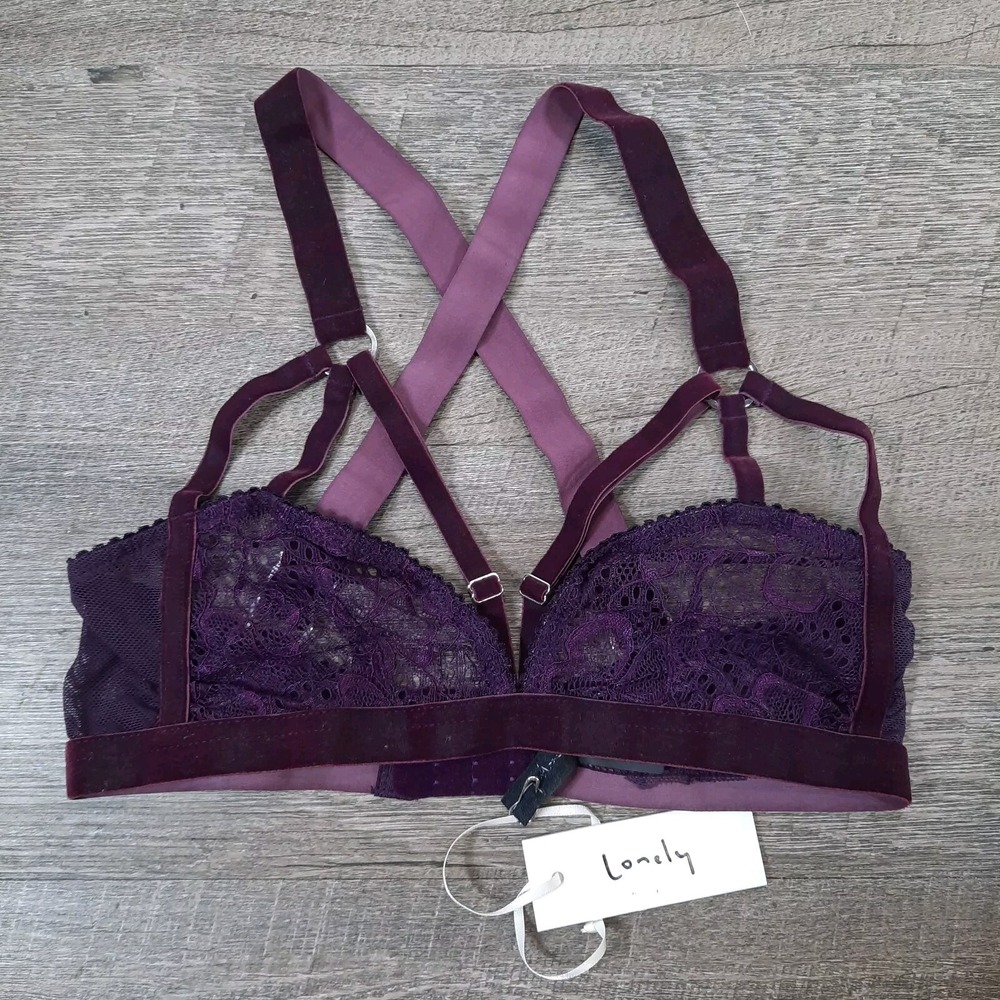 Lonely 32A Bra Wireless Purple Sexy Strappy Velvet Lace Bralette NWT